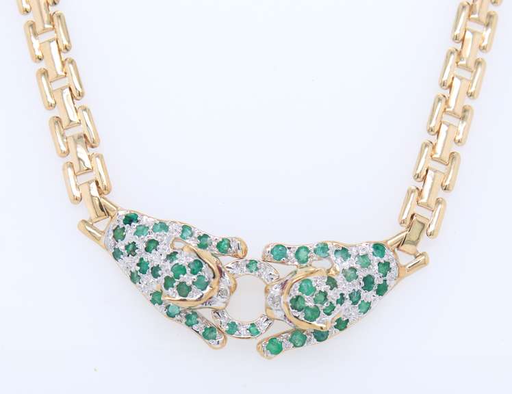 Graceful Emerald with Diamond Panther Necklace on Panther Link Chain