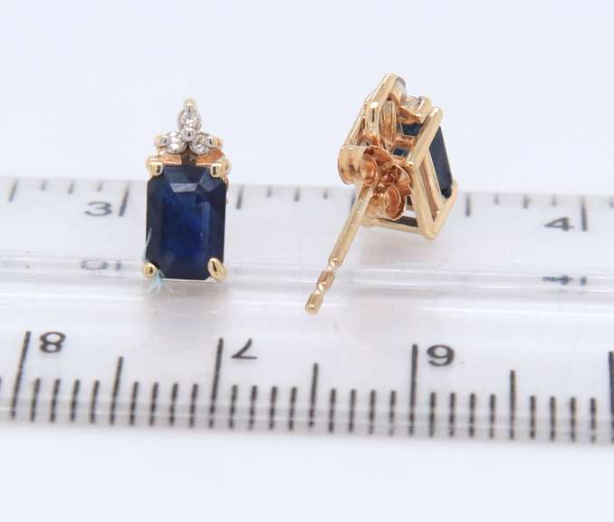 Stunning Yellow Gold Emerald Cut Sapphire and Diamond Earrings