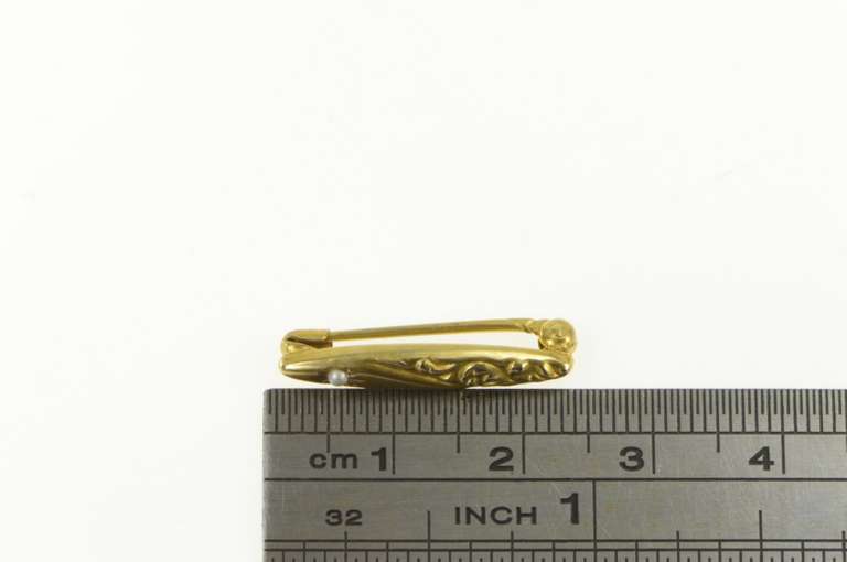 14K Yellow Gold Victorian Seed Pearl Repousse Scroll Bar Pin/Brooch