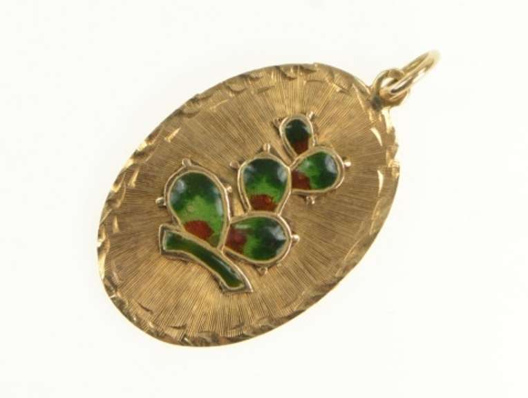 14K Yellow Gold 1960's Prickly Pear Cactus Israel Enamel Charm/Pendant