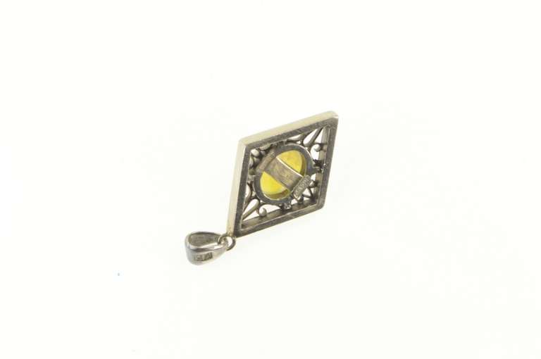 14K White Gold Oval Natural Opal Squared Filigree Statement Pendant