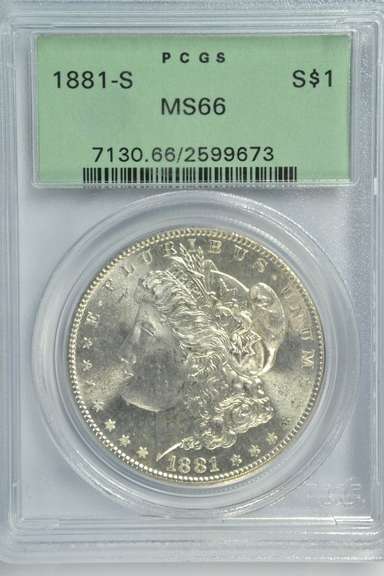 Old green label PCGS MS66 1881-S Morgan Silver Dollar. Superb