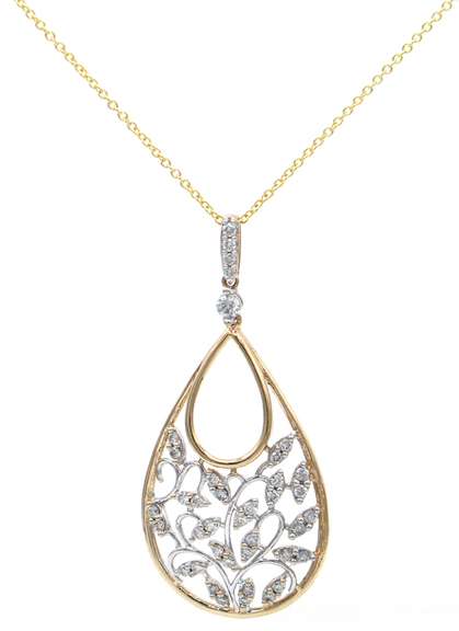 0.35ctw Diamond Two Tone Leaf Teardrop Shaped Pendant Necklace in 14K