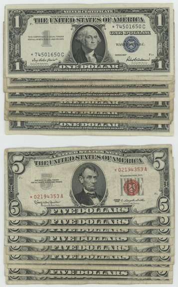 Great lot of 17 STAR Notes: 8 $1 Silver Certs and 9 $5 Red Seals
