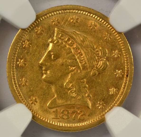 Rare virtual BU 1872-S $2.50 Liberty Gold Piece. NGC AU58