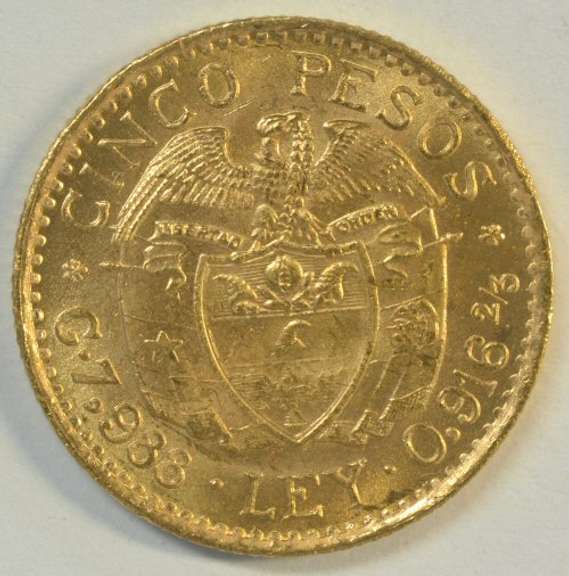 Superb Gem BU 1925 Colombia 5 Pesos Gold Piece