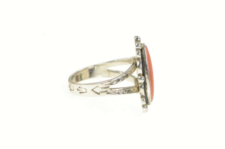 Sterling Silver Oval Southwestern Coral Cabochon Vintage Ring