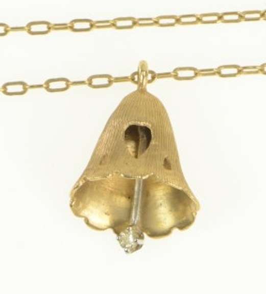 14K Yellow Gold 1960's Diamond Wedding Bell Classic Chain Necklace
