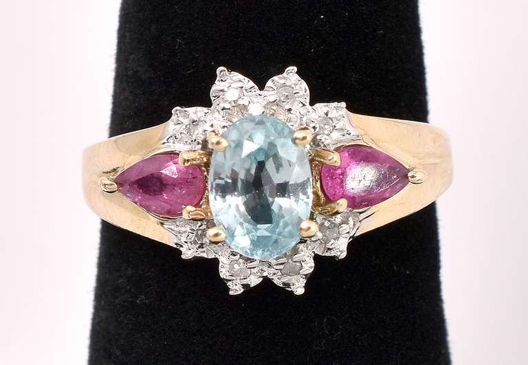 Amazing Blue Topaz and Pink Tourmaline Ring In 14K Yellow Gold