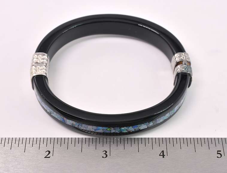 Beautiful Black Agate and Opal Hinged Bangle In Sterling Silver