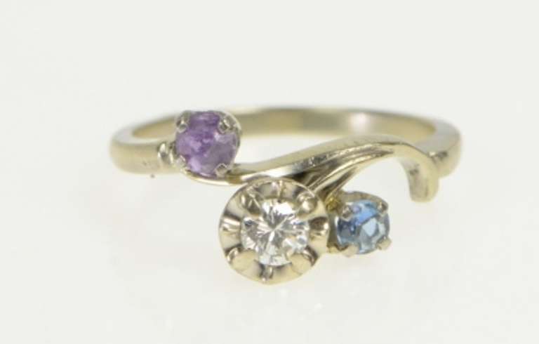 14K White Gold 1950's Diamond Ruby Blue Topaz Bypass Ring