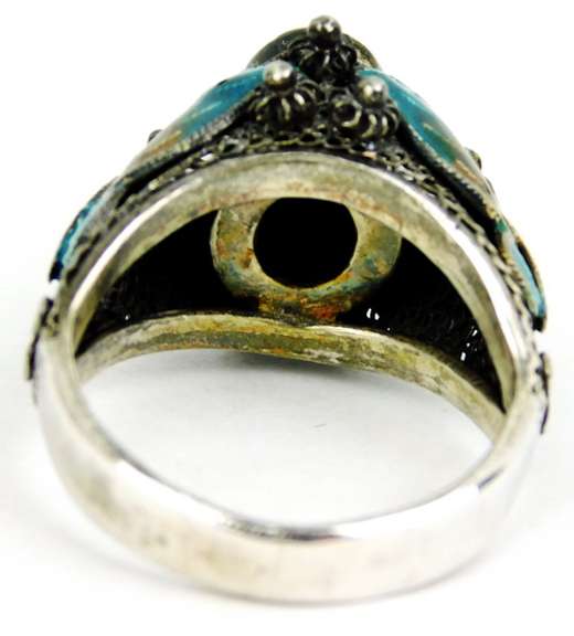 Chinese Sterling Enamel Coral Ring, Size 7