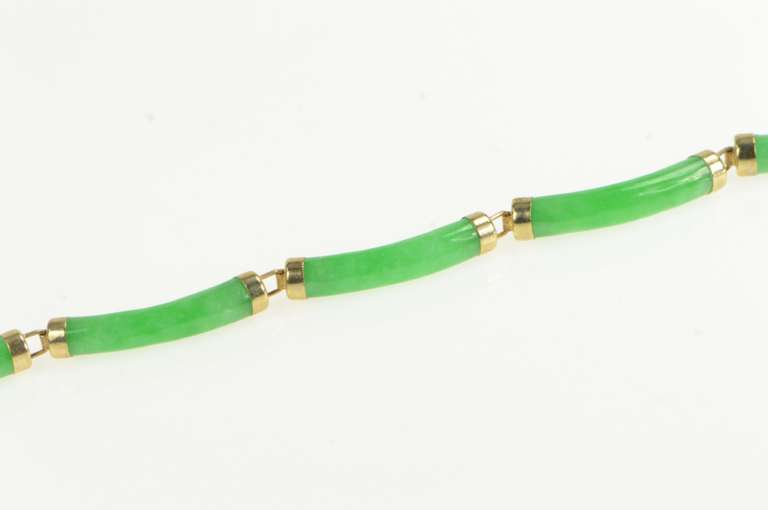 14K Yellow Gold Carved Jade Curved Stone Link Vintage Bracelet