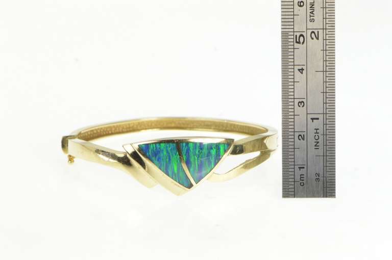 14K Yellow Gold Black Opal Inlay Triangle Bangle Statement Bracelet