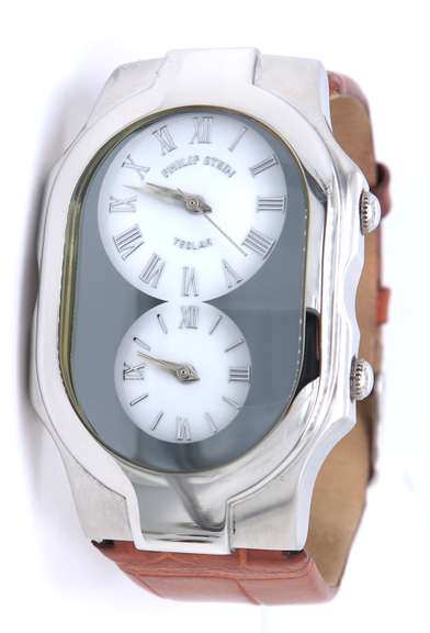 Philllip Stein Teslar Dual Time Zone Brown Leather Strap Watch