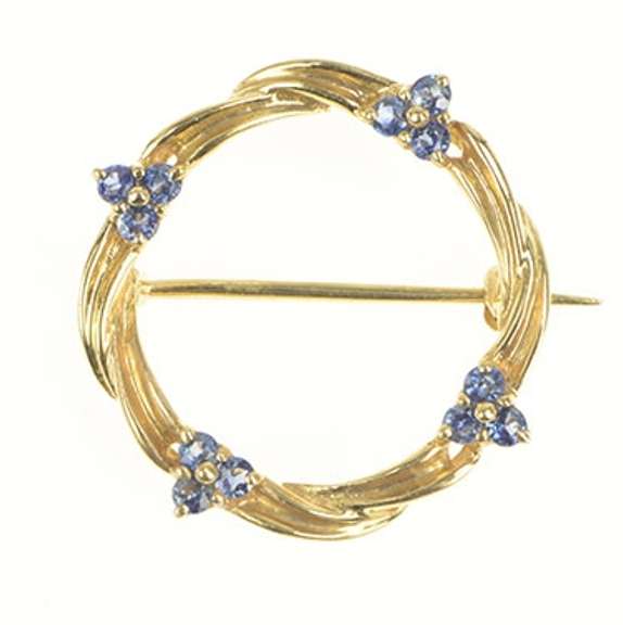 14K Yellow Gold Retro Sapphire Cluster Accent Twist Circle Pin/Brooch