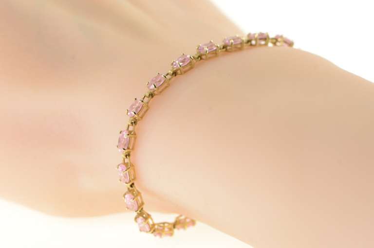 10K Yellow Gold Oval Pink Cubic Zirconia Vintage Retro Chain Bracelet