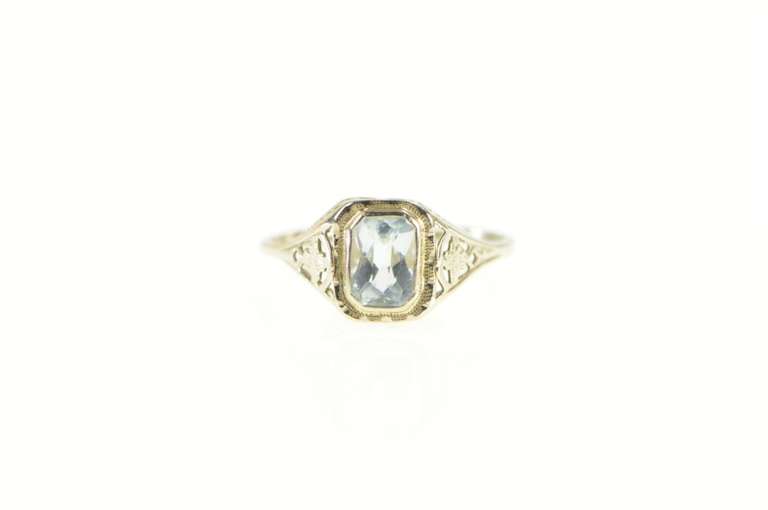 14K White Gold Art Deco Aquamarine Filigree Ornate Engagement Ring