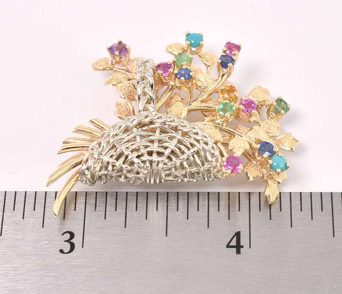 Multi-Gem Flower Basket Brooch In 14K Yellow Gold