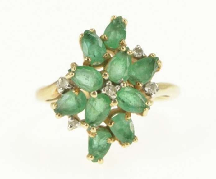 14K Yellow Gold Marquise Natural Emerald Diamond Cluster Ring