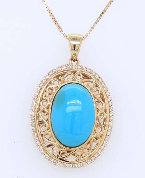 Attractive Yellow Gold oval Turquoise Cabochon Openwork Filagree Halo Pendant on Chain