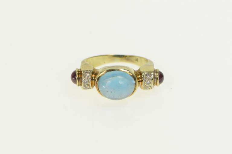 14K Yellow Gold 1930's 4.00 Ctw Blue Topaz Tourmaline Diamond Ring