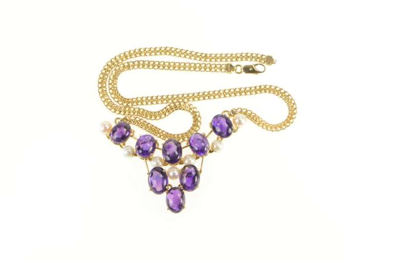 14K Yellow Gold 1940's Amethyst Cabochon Pearl Statement Necklace