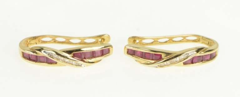 10K Yellow Gold 2.20 Ctw Natural Ruby Diamond Oval Hoop Earrings