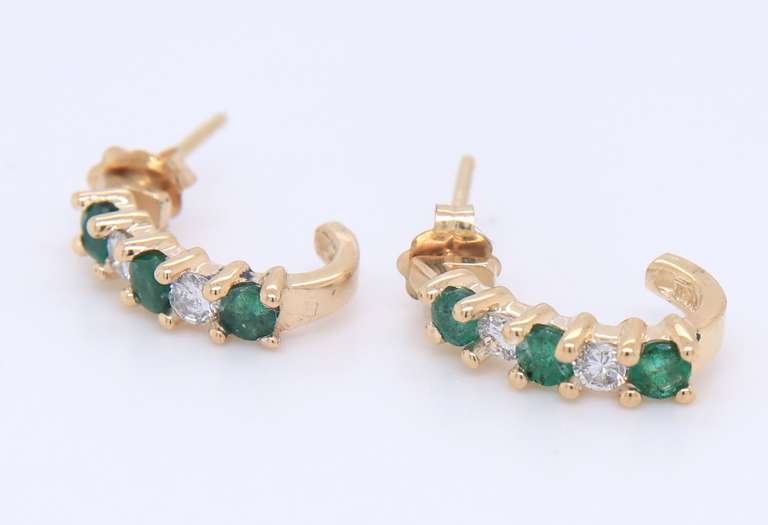 Gorgeous Yellow Gold Emerald and Diamond J Hoop Earrings