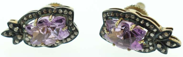 Eccentric Purple Amethyst Earrings with Gold Plated Silver with Diamond Accents