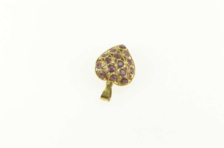 18K Yellow Gold Ruby Encrusted Puffy Domed Heart Love Charm/Pendant