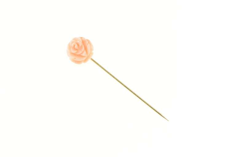 14K Yellow Gold Carved Pink Coral Rose Flower Vintage Pin/Brooch