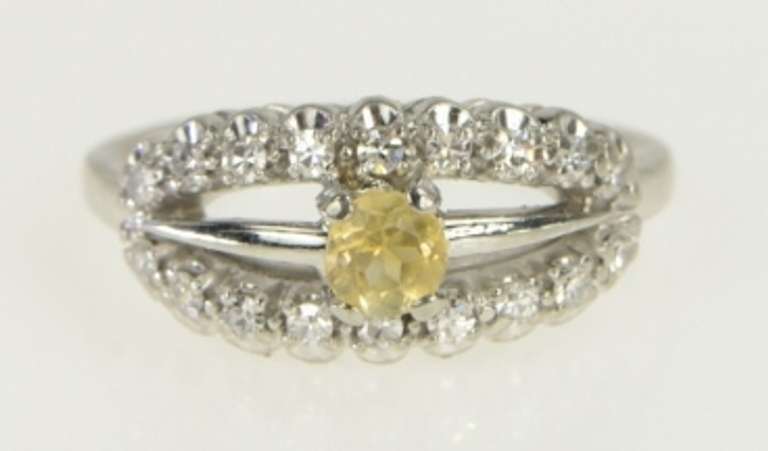 18K White Gold Art Deco Citrine Diamond Vintage Engagement Ring