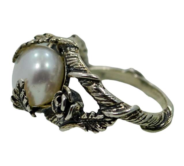 Designer Sterling Silver Ring and Freshwater Pearl by Paz Creations Israel, Size 5