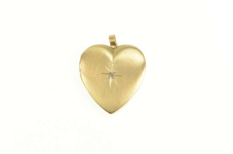 14K Yellow Gold Retro Diamond Inset Classic Heart Locket Pendant
