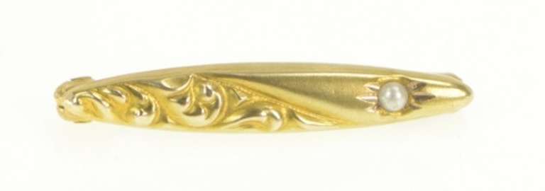 14K Yellow Gold Victorian Seed Pearl Repousse Scroll Bar Pin/Brooch