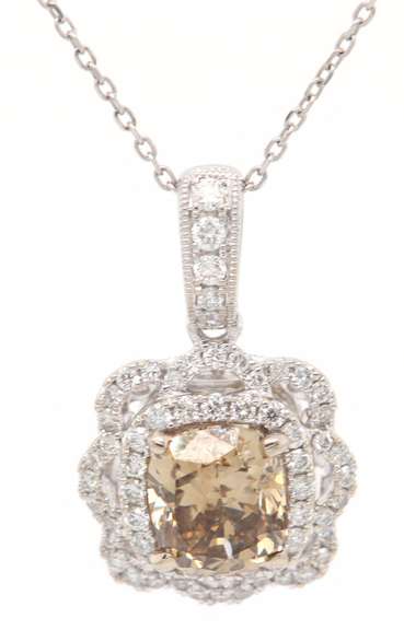 Significant 1.30ctw Round Champagne and White Diamond Scalloped Frame Pendant Necklace in 14K