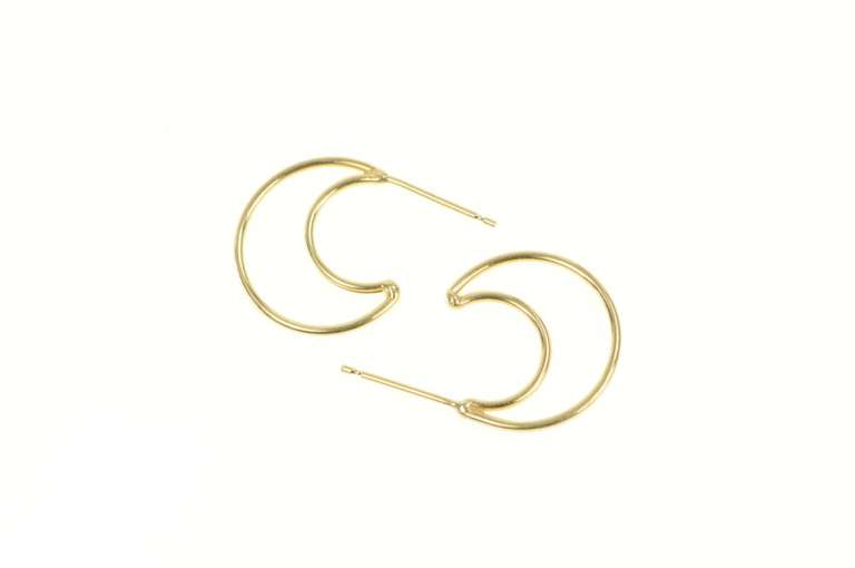 14K Yellow Gold Crescent Moon Hoop Vintage Statement Earrings