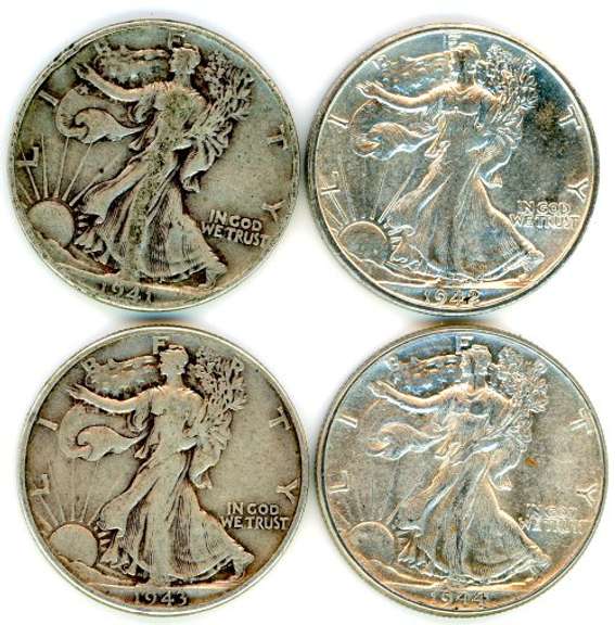4 Different Walking Liberty Silver Half Dollars