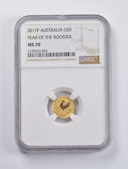 MS70 2017-P Australia $5 Year Of The Rooster 1/20 Oz. Fine Gold NGC