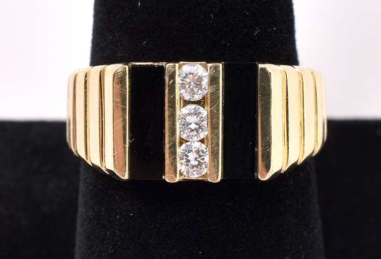 Sturdy Diamond and Onyx Ring In 14K Yellow Gold