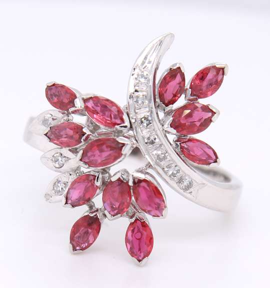 Attractive Marquoise Ruby and Diamond Spray Ring