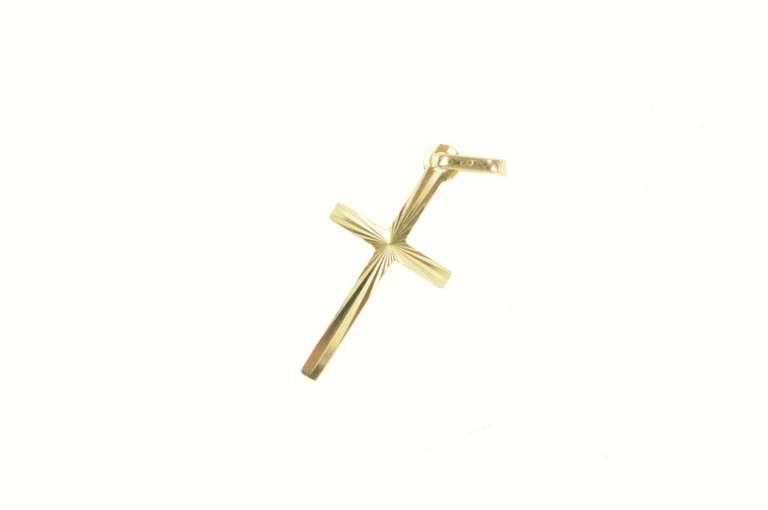 14K Yellow Gold Diamond Cut Grooved Cross Christian Pendant