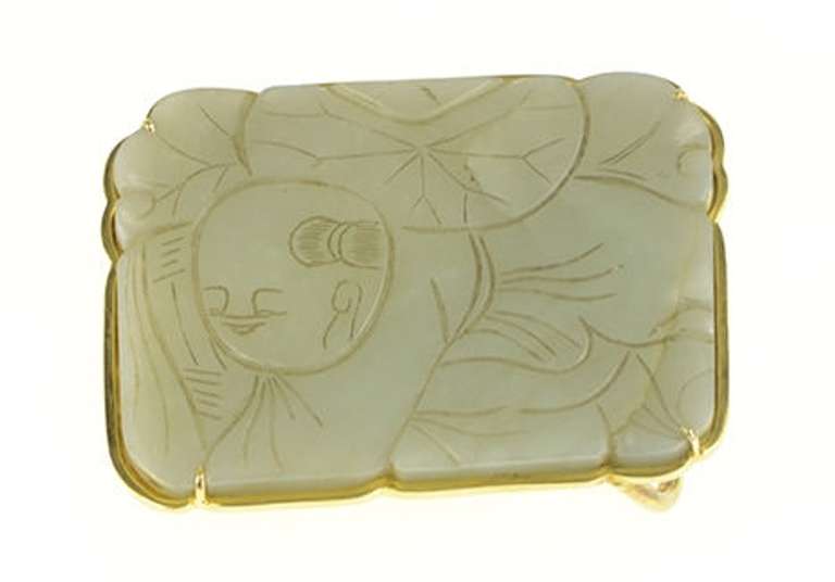 14K Yellow Gold Ornate Carved Chinese Jade Gardener Belt Buckle
