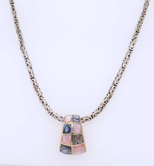 Vintage 925 Sterling Silver Gemstone Pendant on Byzantine Chain Necklace
