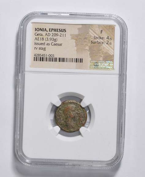 F AD 209-211 Ionia Ephesus Geta AE18 3.93g Issue As Caesar RV Stag NGC