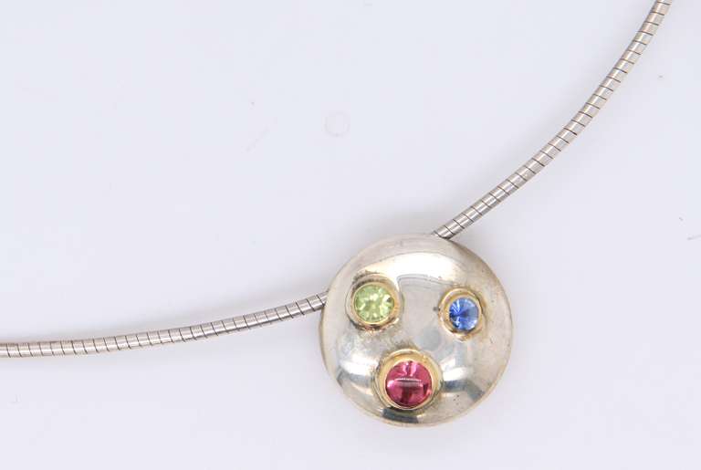 Tiffany & Co Disc Pendant with Colored Gems on Snake Chain