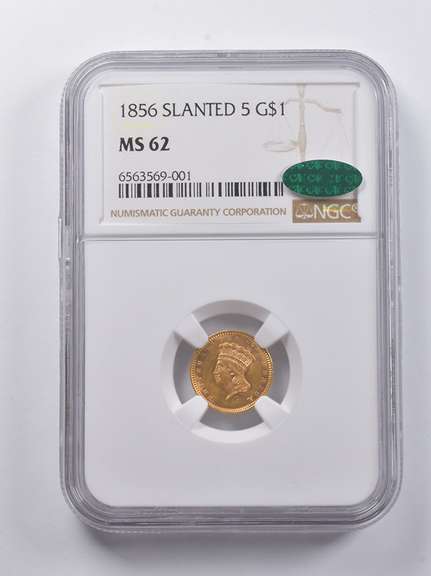 MS62 1856 $1 Indian Princess Head Gold Dollar Piece Slanted 5 CAC NGC
