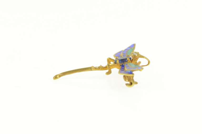 14K Yellow Gold 0.50 Ctw Sapphire Diamond Enamel Dragonfly Pin/Brooch