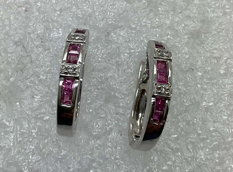14K WHITE GOLD LOOP EARRINGS WITH RUBIES AND DIAMONDS